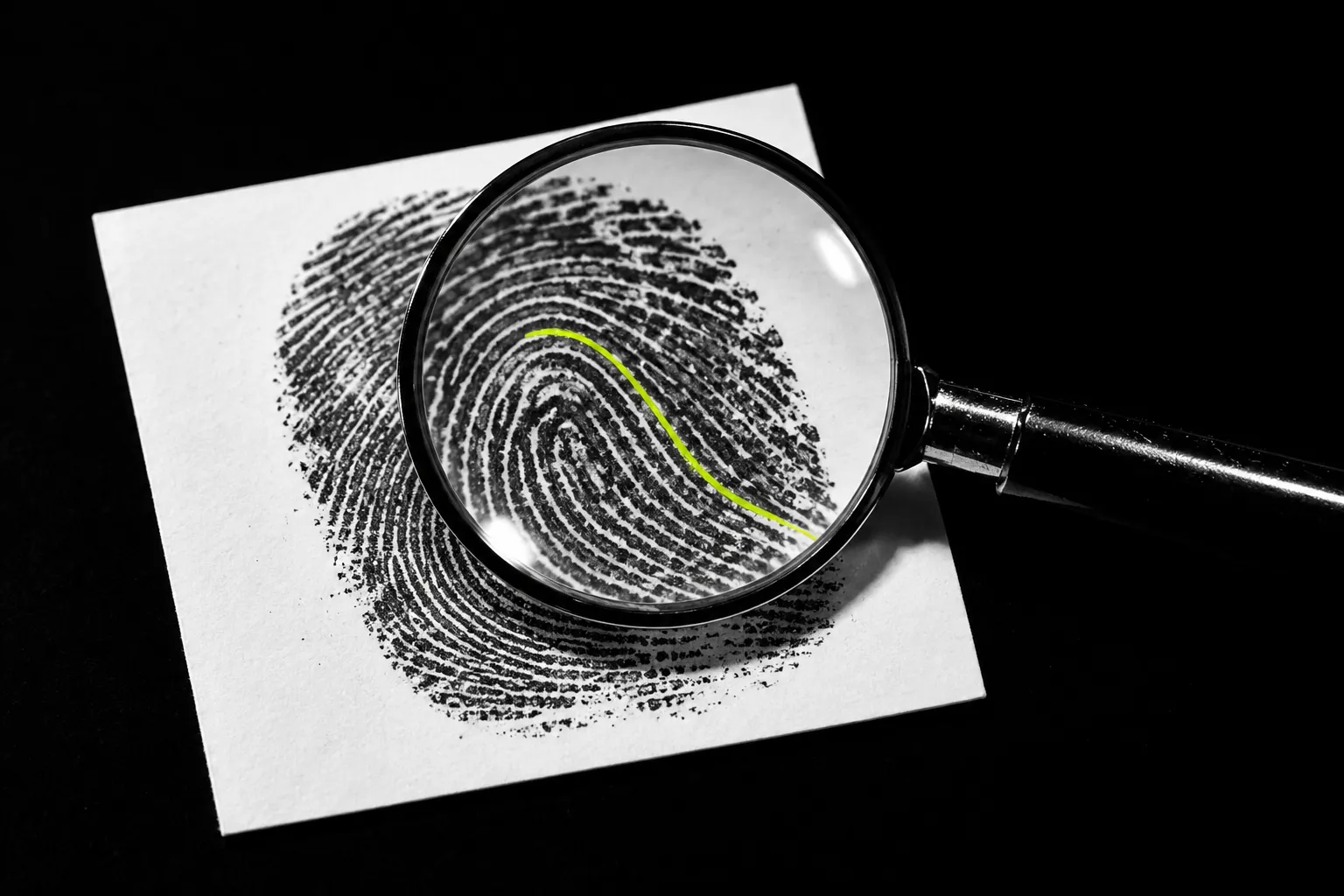 An inked fingerprint on white card under a magnifier, one ridge traced in yellow-green.