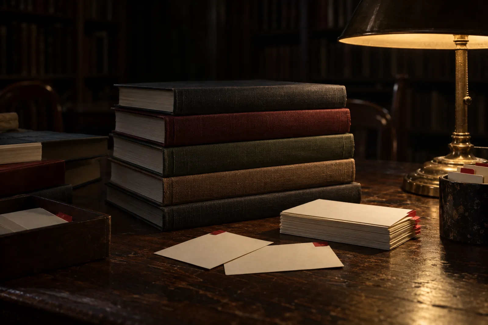 Bound academic journals and red-tabbed index cards on a dark library table under one lamp.
